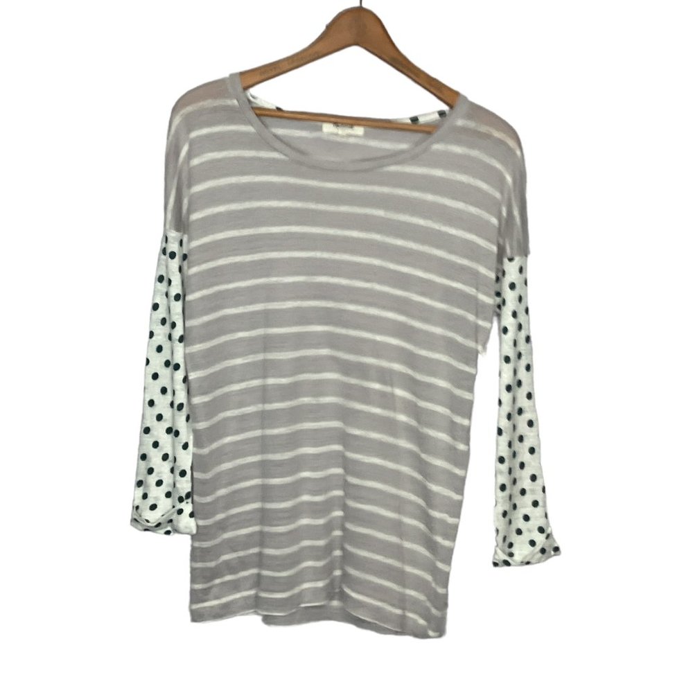 Madewell Small S Gray Striped Green Polka‎ Dot Contrast 100% Linen Tee Shirt Top